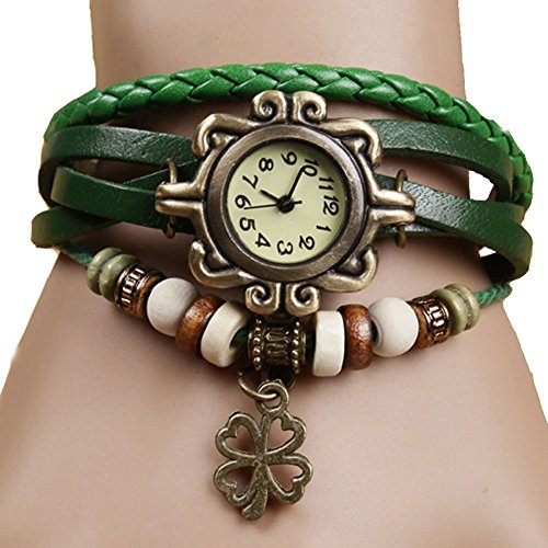 Demarkt Retro Vintage Klee Design Damen Armbanduhr Armreif Uhr Anhänger Spangenuhr Quarzuhren (Grün) - 2