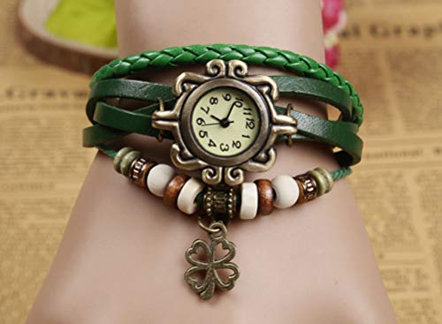 Demarkt Retro Vintage Klee Design Damen Armbanduhr Armreif Uhr Anhänger Spangenuhr Quarzuhren (Grün) - 3
