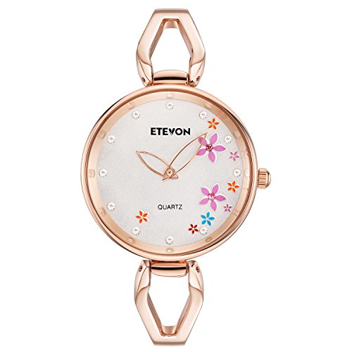 ETEVON Women's Quartz Rose Gold Armband Uhr mit Strass Blumen Zifferblatt und Edelstahl Case, stilvolle Casual Dress Handgelenk Uhren für Damen