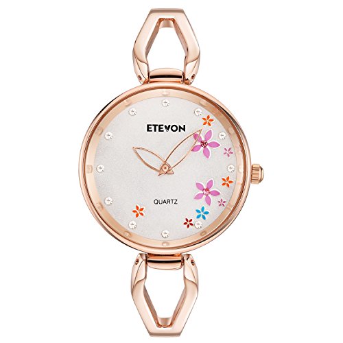 ETEVON Women's Quartz Rose Gold Armband Uhr mit Strass Blumen Zifferblatt und Edelstahl Case, stilvolle Casual Dress Handgelenk Uhren für Damen