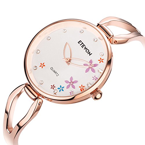 ETEVON Women's Quartz Rose Gold Armband Uhr mit Strass Blumen Zifferblatt und Edelstahl Case, stilvolle Casual Dress Handgelenk Uhren für Damen - 4