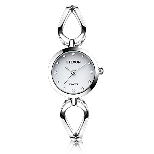 ETEVON Frauen Quarz Silber Armbanduhr mit Kleine Crystal Zifferblatt und Hohlen Armband Wasserdicht Lässig Einfache Verkleiden Armbanduhren für Damen