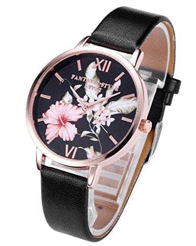 JSDDE Uhren,Vintage Klassische Blumen Damen Armbanduhr Basel-Stil Quarzuhr PU Lederband Rosegold Analog Quarzuhr(Schwarz)