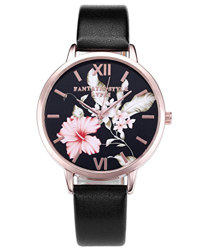 JSDDE Uhren,Vintage Klassische Blumen Damen Armbanduhr Basel-Stil Quarzuhr PU Lederband Rosegold Analog Quarzuhr(Schwarz) - 2