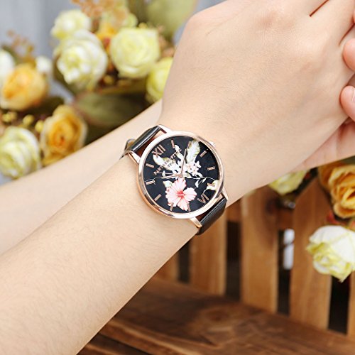 JSDDE Uhren,Vintage Klassische Blumen Damen Armbanduhr Basel-Stil Quarzuhr PU Lederband Rosegold Analog Quarzuhr(Schwarz) - 3