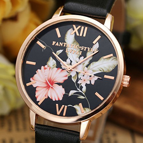 JSDDE Uhren,Vintage Klassische Blumen Damen Armbanduhr Basel-Stil Quarzuhr PU Lederband Rosegold Analog Quarzuhr(Schwarz) - 5