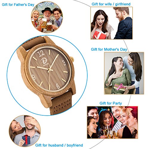 40mm Holz Armbanduhr für Herren und Damen, echtes Leder-Bügel Band Business Casual Armbanduhren, Japanisches Miyota Quarzwerk Bewegung Vintage Natürliche Holz Uhren (Bambus) - 3