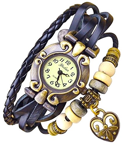 Kim Johanson Damen Armbanduhr aus Leder Schwarz - Retro Herz Uhr Neu & OVP inkl. Geschenkverpackung