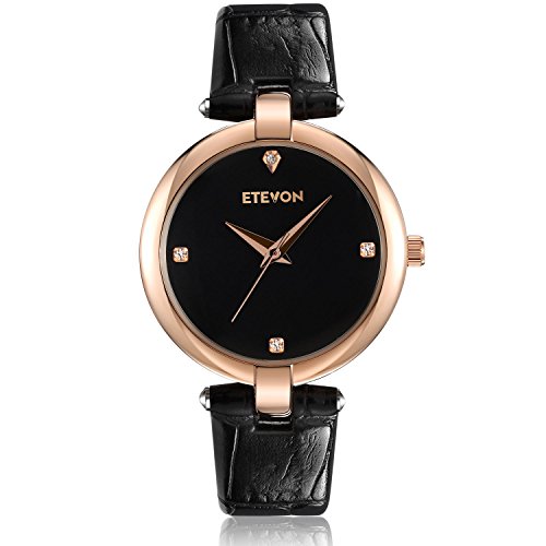 ETEVON Women's Casual Crystal Quartz Leather Watch mit schwarzem Zifferblatt und Rose Gold Edelstahl Case, einfach Kleid Handgelenk Uhren für Frauen Ladies