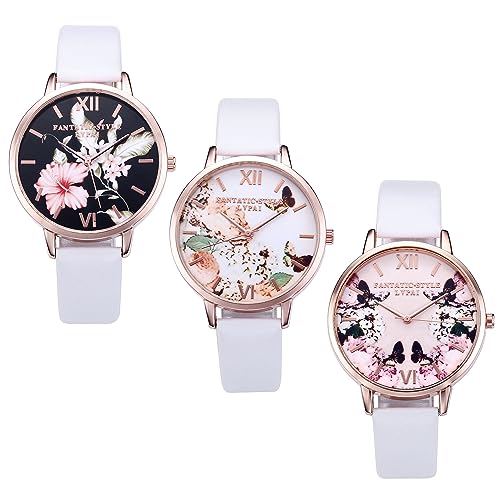 JSDDE Uhren,3er Set Vintage Blumen Armbanduhr Basel-Stil Damen Uhr Weiss PU Lederarmband Rosegold Analog Quarzuhr