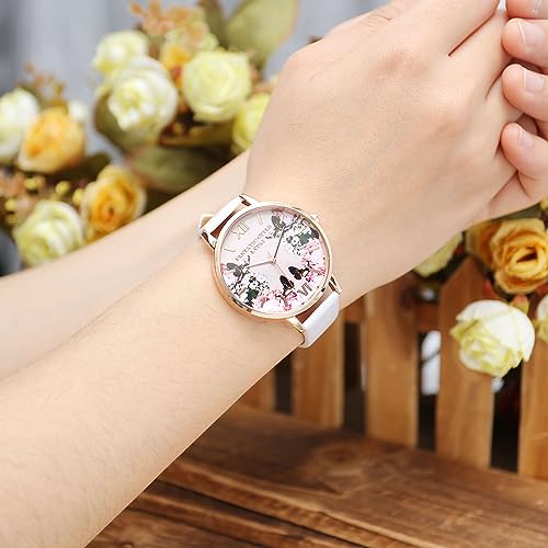 JSDDE Uhren,3er Set Vintage Blumen Armbanduhr Basel-Stil Damen Uhr Weiss PU Lederarmband Rosegold Analog Quarzuhr - 2