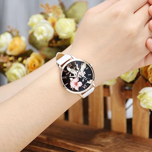 JSDDE Uhren,3er Set Vintage Blumen Armbanduhr Basel-Stil Damen Uhr Weiss PU Lederarmband Rosegold Analog Quarzuhr - 3