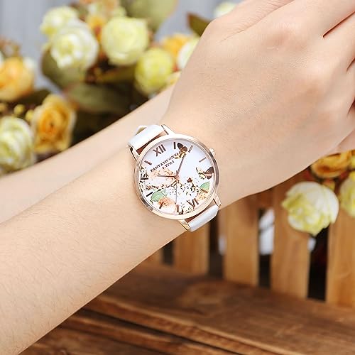JSDDE Uhren,3er Set Vintage Blumen Armbanduhr Basel-Stil Damen Uhr Weiss PU Lederarmband Rosegold Analog Quarzuhr - 4