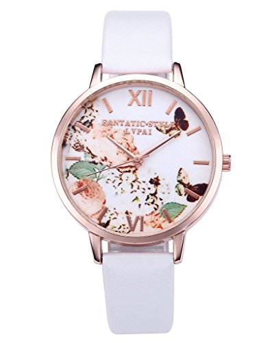 JSDDE Uhren,Vintage Schmetterling Blumen Damen Armbanduhr Basel-Stil Quarzuhr Lederarmband Rosegold Quarz Uhr,Weiss
