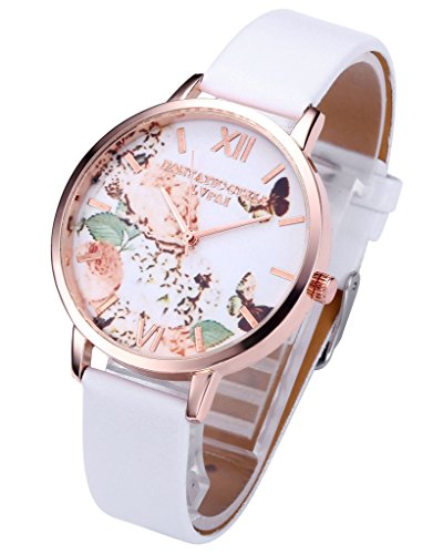 JSDDE Uhren,Vintage Schmetterling Blumen Damen Armbanduhr Basel-Stil Quarzuhr Lederarmband Rosegold Quarz Uhr,Weiss - 2