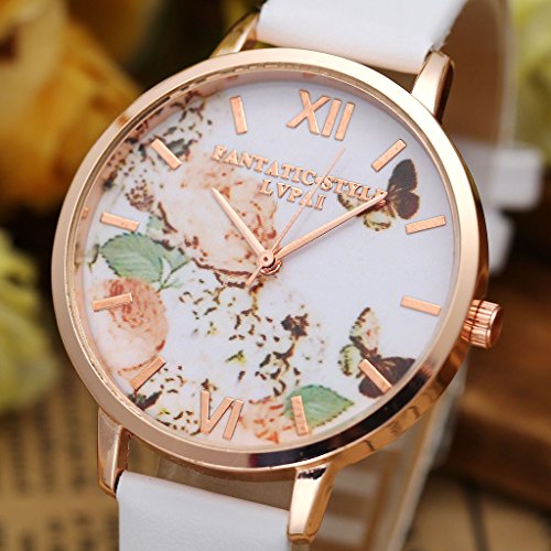 JSDDE Uhren,Vintage Schmetterling Blumen Damen Armbanduhr Basel-Stil Quarzuhr Lederarmband Rosegold Quarz Uhr,Weiss - 5