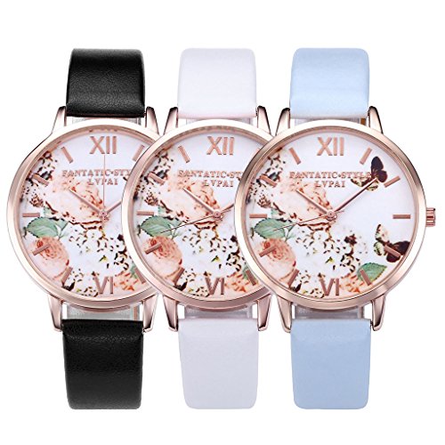 JSDDE Uhren,Vintage Schmetterling Blumen Damen Armbanduhr Basel-Stil Quarzuhr Lederarmband Rosegold Quarz Uhr,Weiss - 6