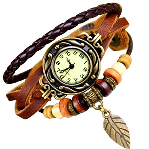 Mixe Elegante Damen Bronze Leaf Boho Chic Vintage inspiriert Armband Kleid Armbanduhr Brown Leaf