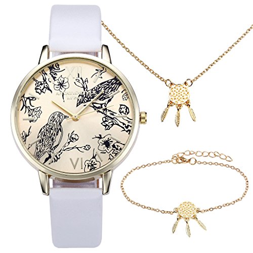 JSDDE Vintage Blumen Vogel Armbanduhr Basel-Stil Weiß Quarz Uhr + Traumfänger Anhänger Armband Halskette Geschenk Set