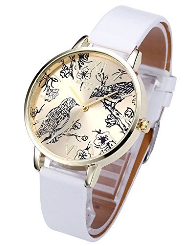JSDDE Vintage Blumen Vogel Armbanduhr Basel-Stil Weiß Quarz Uhr + Traumfänger Anhänger Armband Halskette Geschenk Set - 2