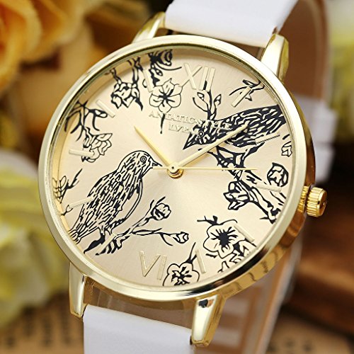 JSDDE Vintage Blumen Vogel Armbanduhr Basel-Stil Weiß Quarz Uhr + Traumfänger Anhänger Armband Halskette Geschenk Set - 4