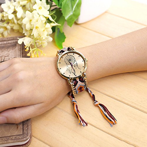 JSDDE Uhren,Damen Ethnisch Dreamcatcher Traumfaenger Freundschaft Braid Armbanduhr gewebte Seil Band Quarzuhr,Orange+Schwarz - 3