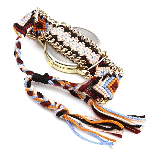 JSDDE Uhren,Damen Ethnisch Dreamcatcher Traumfaenger Freundschaft Braid Armbanduhr gewebte Seil Band Quarzuhr,Orange+Schwarz - 4