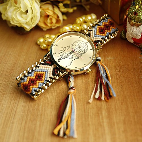 JSDDE Uhren,Damen Ethnisch Dreamcatcher Traumfaenger Freundschaft Braid Armbanduhr gewebte Seil Band Quarzuhr,Orange+Schwarz - 5