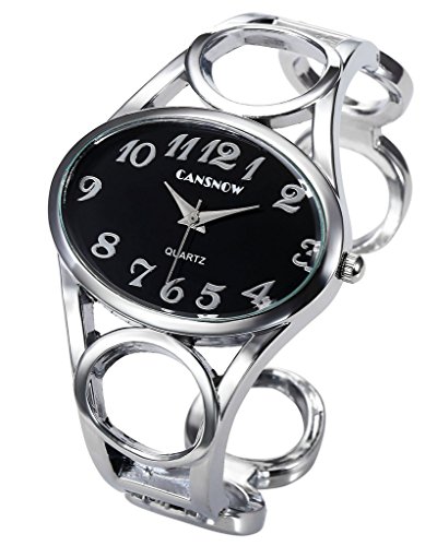 JSDDE Uhren,Damen Armbanduhr Chic Manschette Damenuhr Oval Spangenuhr Frau Analog Quarz Uhr Armbanduhr,Schwarz-Silber