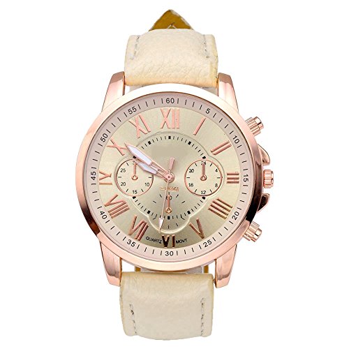 JSDDE Uhren,Neue Damenmode Genf römischen Ziffern-Leder Analog Quarz Armbanduhren(Beige)