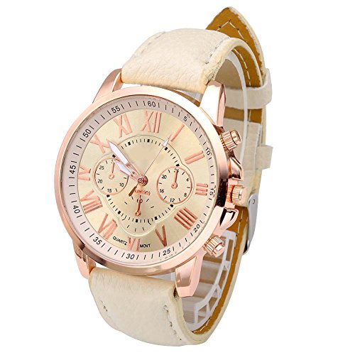 JSDDE Uhren,Neue Damenmode Genf römischen Ziffern-Leder Analog Quarz Armbanduhren(Beige) - 2