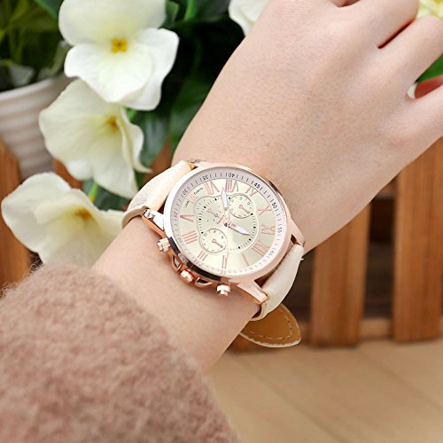 JSDDE Uhren,Neue Damenmode Genf römischen Ziffern-Leder Analog Quarz Armbanduhren(Beige) - 4