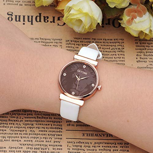 JSDDE Uhren, Damenmode Pfingstrosen Blume Armbaduhr,Basel-stil Flexband Quarzuhr(Weiß) - 6