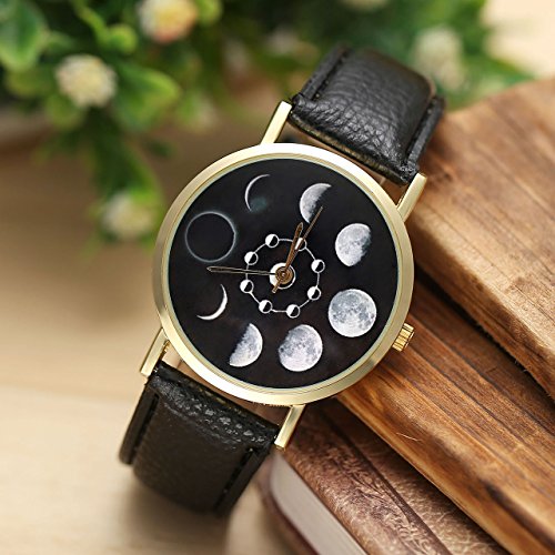 JSDDE Uhren,Fashion Damen Mondfinsternis-Muster Armbanduhr kein-Zifferskala Damenuhr Lederarmband Analog Quarzuhr,Schwarz - 2