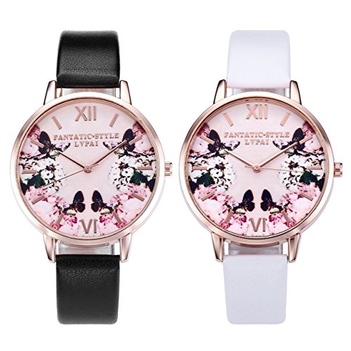 JSDDE Uhren,2er Set Modische Schmetterling Blumen Armbanduhr Basel-Stil Damen Uhr PU Lederband Rosegold Analog Quarzuhr