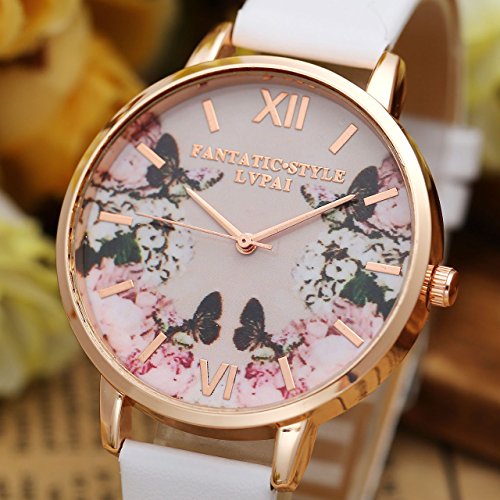 JSDDE Uhren,2er Set Modische Schmetterling Blumen Armbanduhr Basel-Stil Damen Uhr PU Lederband Rosegold Analog Quarzuhr - 2