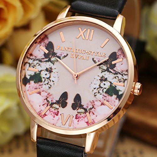 JSDDE Uhren,2er Set Modische Schmetterling Blumen Armbanduhr Basel-Stil Damen Uhr PU Lederband Rosegold Analog Quarzuhr - 3
