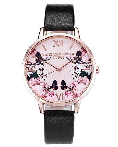JSDDE Uhren,2er Set Modische Schmetterling Blumen Armbanduhr Basel-Stil Damen Uhr PU Lederband Rosegold Analog Quarzuhr - 5
