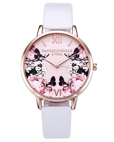 JSDDE Uhren,2er Set Modische Schmetterling Blumen Armbanduhr Basel-Stil Damen Uhr PU Lederband Rosegold Analog Quarzuhr - 6