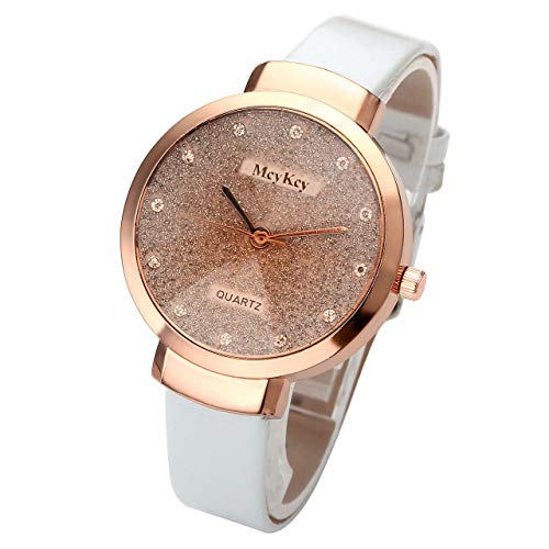 JSDDE Uhren,Elegante Damen Armbanduhr Braunglas Glitzer Dial XS Slim PU Leder-Band Ladies Dress Analog Quarzuhr,Weiss - 2