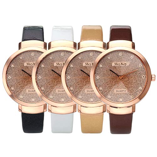 JSDDE Uhren,Elegante Damen Armbanduhr Braunglas Glitzer Dial XS Slim PU Leder-Band Ladies Dress Analog Quarzuhr,Weiss - 6