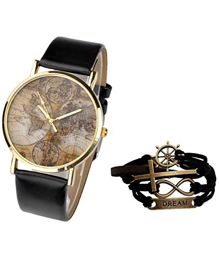 JSDDE Damen Mädchen Uhren Vintage Weltkarte Quarzuhr Armbanduhr Plus Infinity Wickelarmband, Schwarz