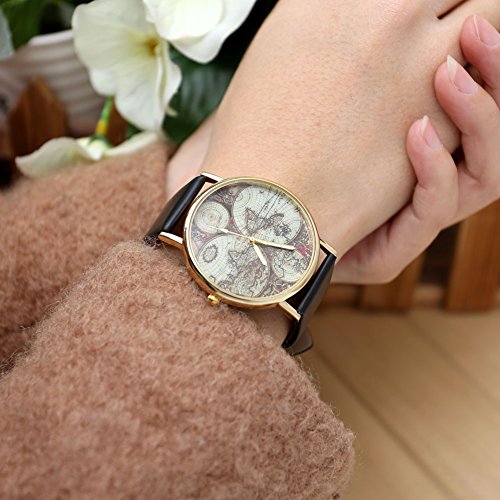 JSDDE Damen Mädchen Uhren Vintage Weltkarte Quarzuhr Armbanduhr Plus Infinity Wickelarmband, Schwarz - 3