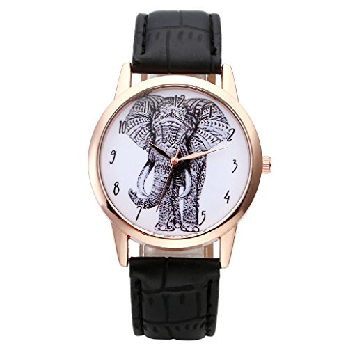 JSDDE Uhren,Vintage Damen Armbanduhr Skizze Elefant Zifferblatt Armbanduhr Leder Armband Analog Quarz Uhr,Schwarz