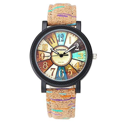 JSDDE Uhren,Retro Stil Tarnung Farbig Streifen Armbanduhr Vintage Damenuhr Holz Kork Muster PU Lederband Analog Quarzuhr