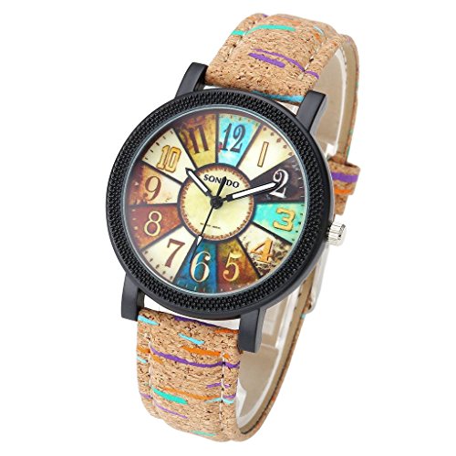 JSDDE Uhren,Retro Stil Tarnung Farbig Streifen Armbanduhr Vintage Damenuhr Holz Kork Muster PU Lederband Analog Quarzuhr - 2