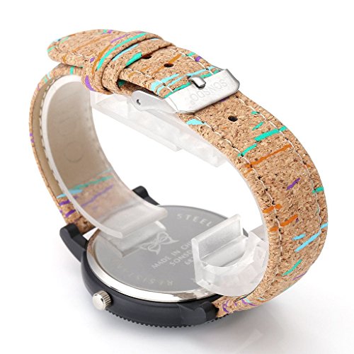 JSDDE Uhren,Retro Stil Tarnung Farbig Streifen Armbanduhr Vintage Damenuhr Holz Kork Muster PU Lederband Analog Quarzuhr - 3