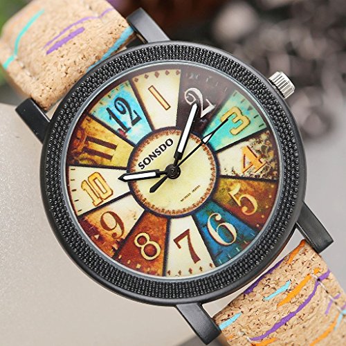 JSDDE Uhren,Retro Stil Tarnung Farbig Streifen Armbanduhr Vintage Damenuhr Holz Kork Muster PU Lederband Analog Quarzuhr - 4