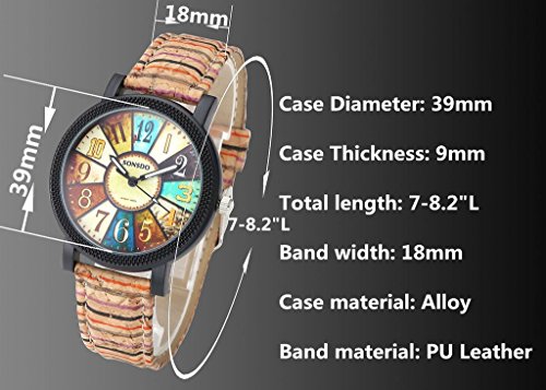 JSDDE Uhren,Retro Stil Tarnung Farbig Streifen Armbanduhr Vintage Damenuhr Holz Kork Muster PU Lederband Analog Quarzuhr - 5