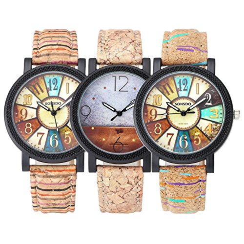 JSDDE Uhren,Retro Stil Tarnung Farbig Streifen Armbanduhr Vintage Damenuhr Holz Kork Muster PU Lederband Analog Quarzuhr - 6
